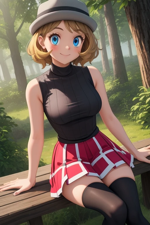 pkmnserena, 1girl, solo, blue eyes, blonde hair, short hair, bangs, hat, grey headwear,
black shirt, turtleneck, sleeveless, red skirt, pleated skirt, black thighhighs,
smile,closed mouth,cowboy shot,sitting,
forest,outdoor,
(insanely detailed, beautiful detailed face, masterpiece, best quality) cinematic lighting,