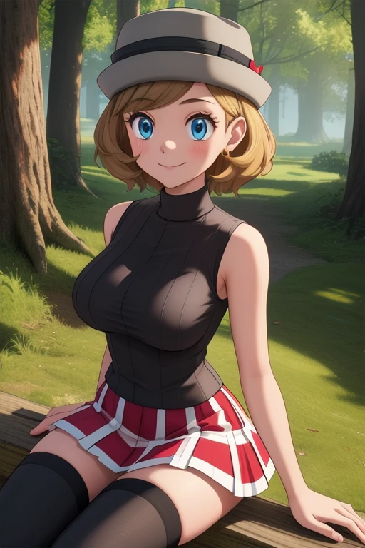 pkmnserena, 1girl, solo, blue eyes, blonde hair, short hair, bangs, hat, grey headwear,
black shirt, turtleneck, sleeveless, red skirt, pleated skirt, black thighhighs,
smile,closed mouth,cowboy shot,sitting,
forest,outdoor,
(insanely detailed, beautiful detailed face, masterpiece, best quality) cinematic lighting,