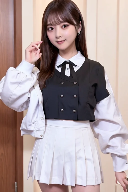 Black Mini Skirt Skirts should be shortened Idol Pose Hotel uniform White clothes high resolution Not too small bust