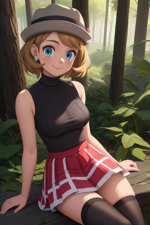 pkmnserena, 1girl, solo, blue eyes, blonde hair, short hair, bangs, hat, grey headwear,
black shirt, turtleneck, sleeveless, red skirt, pleated skirt, black thighhighs,
smile,closed mouth,cowboy shot,sitting,
forest,outdoor,
(insanely detailed, beautiful detailed face, masterpiece, best quality) cinematic lighting,