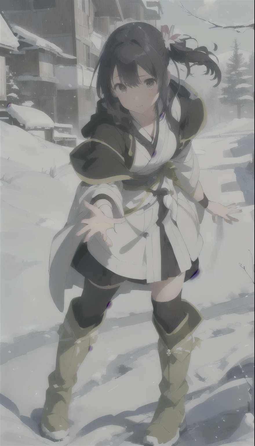 a close up of a person in a dress and boots in a snowy area, sakura haruno in slug sage mode, cotton cloud mage robes, haruno sakura, sao style anime, holding a pudica pose, waving robe movement, flowing magical robe, flowing robes, kirito, jrpg character, rin, wearing star filled mage robes, in - game footage