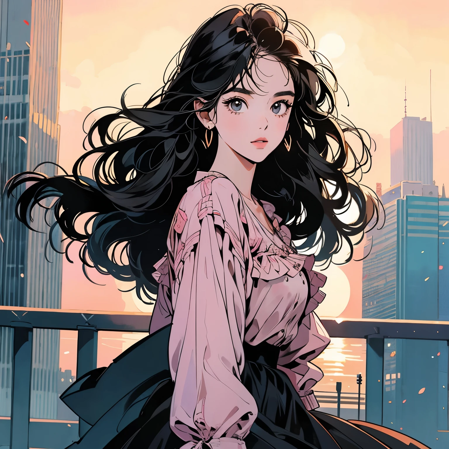 whole body、Kind Face、1 pretty woman、blouse、skirt、Pedestrian bridge、skyscraper、Sunset、Complex background、Detailed Hair、Black Hair、Faint lighting