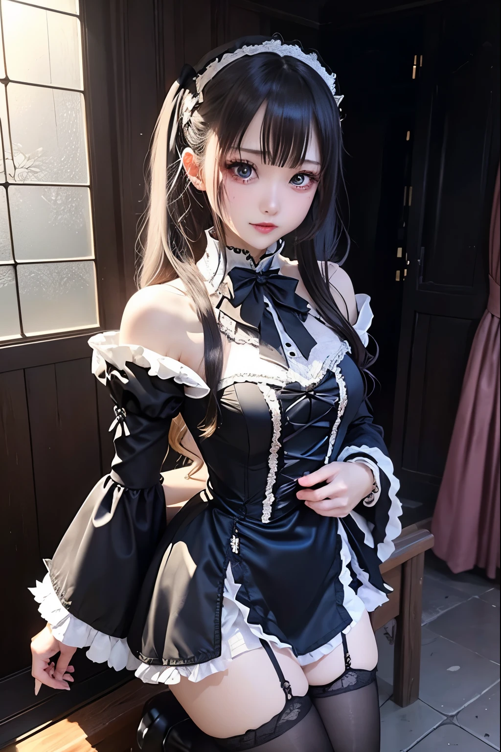 ハードDark Gothicメイク、Deep Night Sky、Horror、Black dark eyeshadow、cry、sad、Good skin radiance、Dark Gothicメイク、Dark smile、palace、The beauty of fragrance、24-years-old、Expressions of intense sexual pleasure、Embarrassed look、Dark Gothic、Obscene language、highest quality、Drunk face、紫のMaid clothes、Mysterious、Noble、sexy、Loving smile、Twin tail hair、Right blue eye, Left eye is red、Platform Heel Shoes、Heavy makeup、Gothic Lolita Clothing、A little slimmer、Silver Hair、Long Hair Straight Hair、Cute Gothic Lolita Dress、Beautiful Face、elegant features、Fascinating face、Stained glassが背景、Chest glistening with sweat、The room is dark、gothic long dress、Bell Sleeves、Wizard Sleeve、Decadent look、Sexually excited expression、Glossy thighs wet with water、Thighs that are wet and shiny with oil、Background of a room full of roses、sad表情、The embroidery is pink、The dress has pink embroidery、Thigh-high socks、Knee-high socks、Gentle expression、Dark black eyeshadow、Stained glassと薔薇背景、Female Duo、Female couple、dark church background、Stained glass、Black metal world、Dark Castle、Dark Room、Slender body、gothic long dresaid clothes、Victorian dresses、Her thighs glisten with sweat、My body is wet and shiny、Lots of glitter on the thighs、sweating、My thighs are sticky from sweating、Sweat glistens on the thighs, The whole body is sweaty and shiny、Quite sweaty、My thighs are sweaty、My thighs are so wet、My thighs are shining with sweat、A lot of sweat glistens all over the body、The thighs are the best、Small breasts、Playing guitar、Singing while playing the guitar、les paul guitar、Holding a guitar、Playing in a band、Playing guitar chords、Practicing guitar、Sing a song、Embodying the guitar、Decorate your guitar、An enthusiastic live music venue、Splendid stage、Dynamic Angle、レスポールHolding a guitar、upright、Are standing、