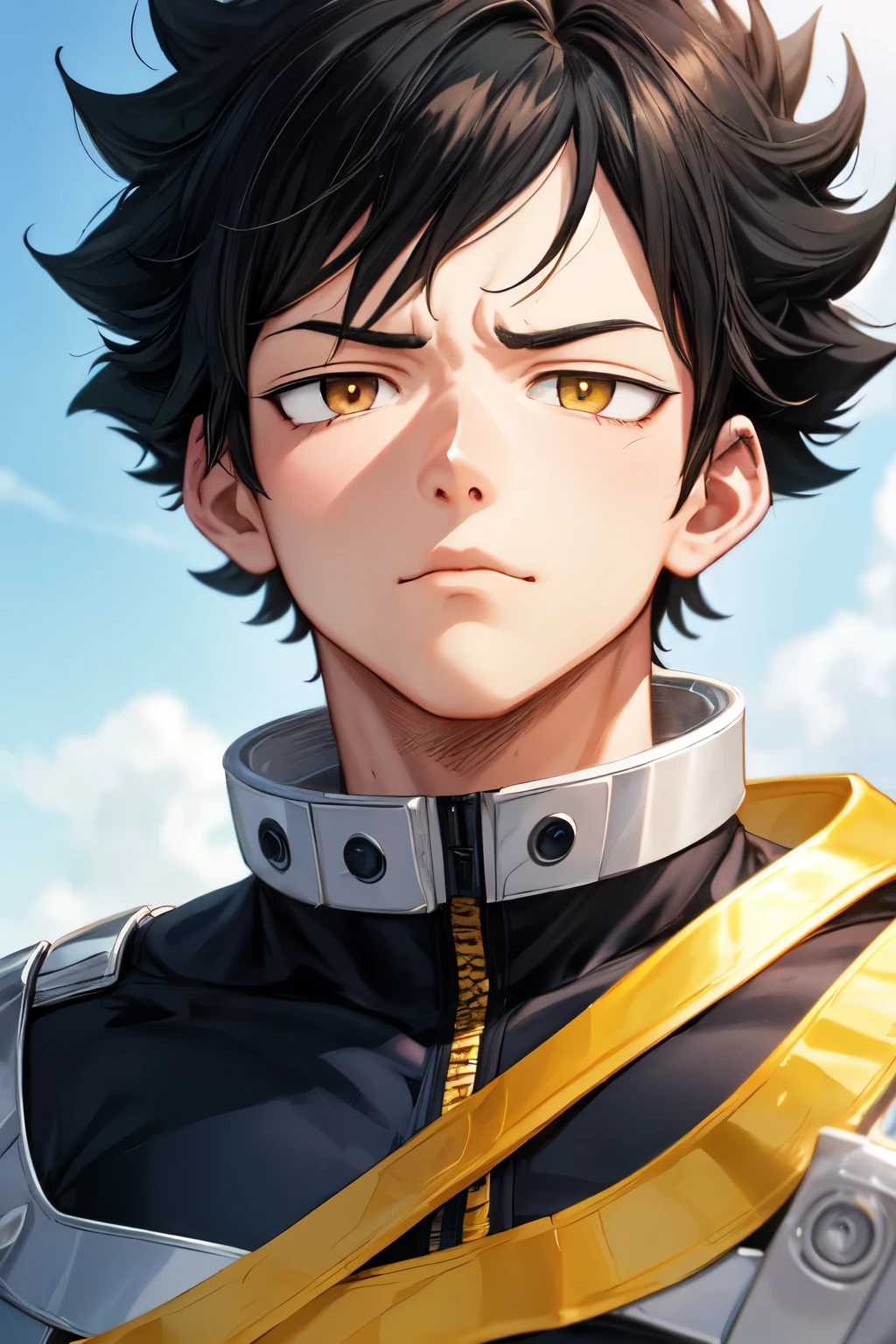 ((best quality)), ((masterpiece)), (detailed), perfect face Draw a drawing of a character from the anime “my hero academia” who is a man with slightly short black hair with golden highlights and golden eyes, con apariencia atractiva, tired eyes and serious personality and natural muscular build