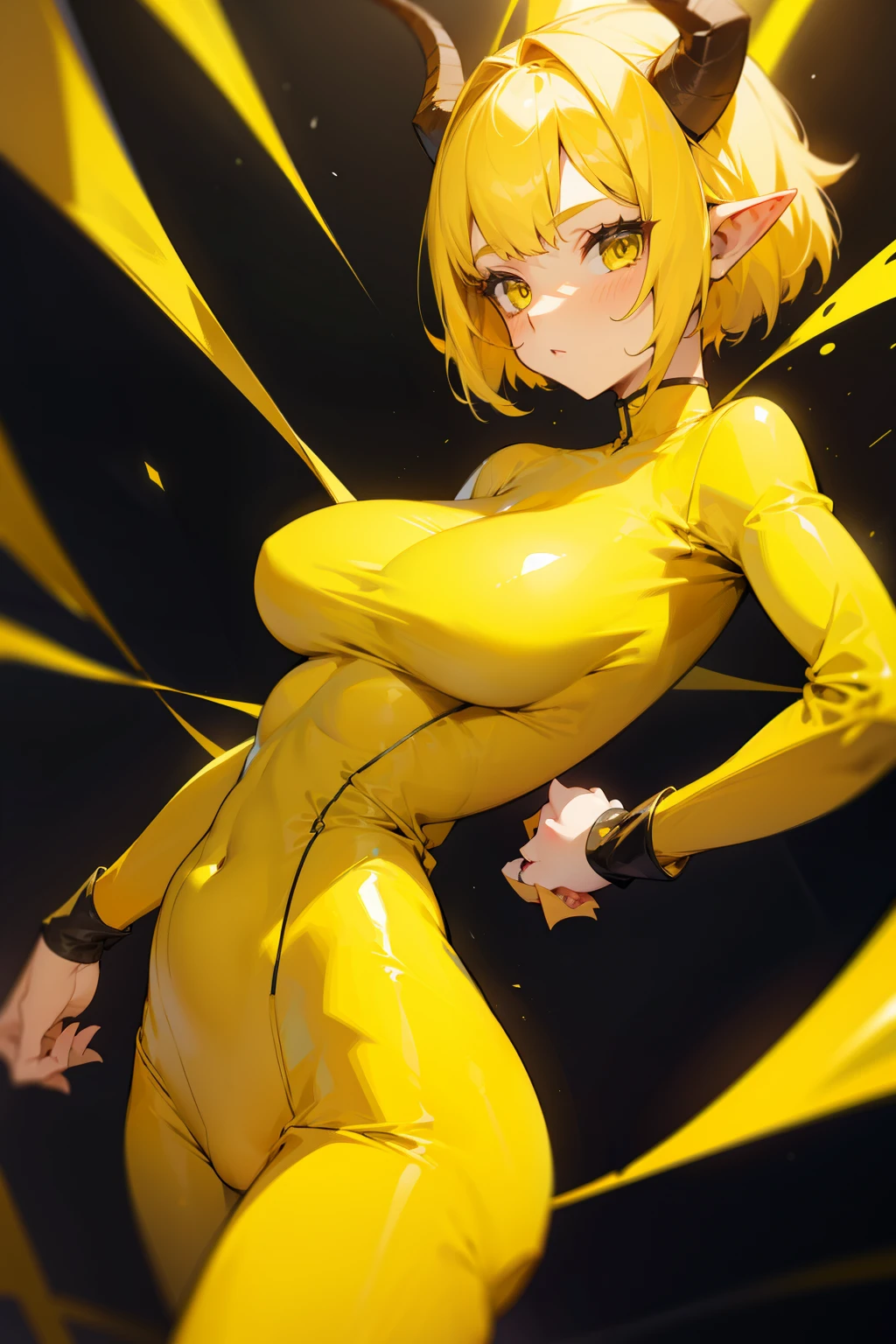 Girl, short yellow hair, two horns, pointed ears, tight yellow clothes that cover her entire body, big breasts,