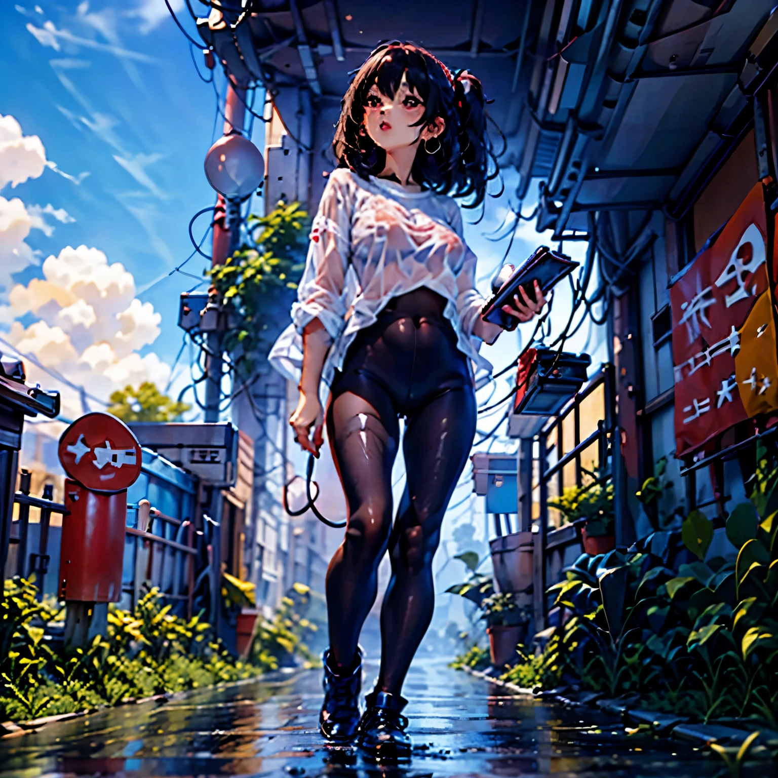 (junkotvv cabello largo negro con (orejas de gato) y ojos rojos), Ilustracion 3d de una chica bajo la lluvia, wet shirt, in a sheer see through wet white shirt,