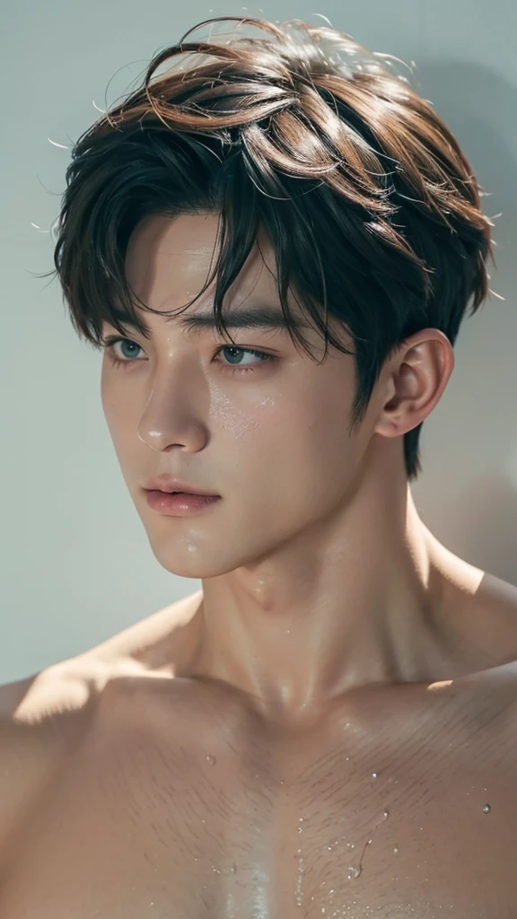 Portrait of a jungkook sexy muscular man in underwear looking away against white wall with copy space, sweaty face and body, wet underwear