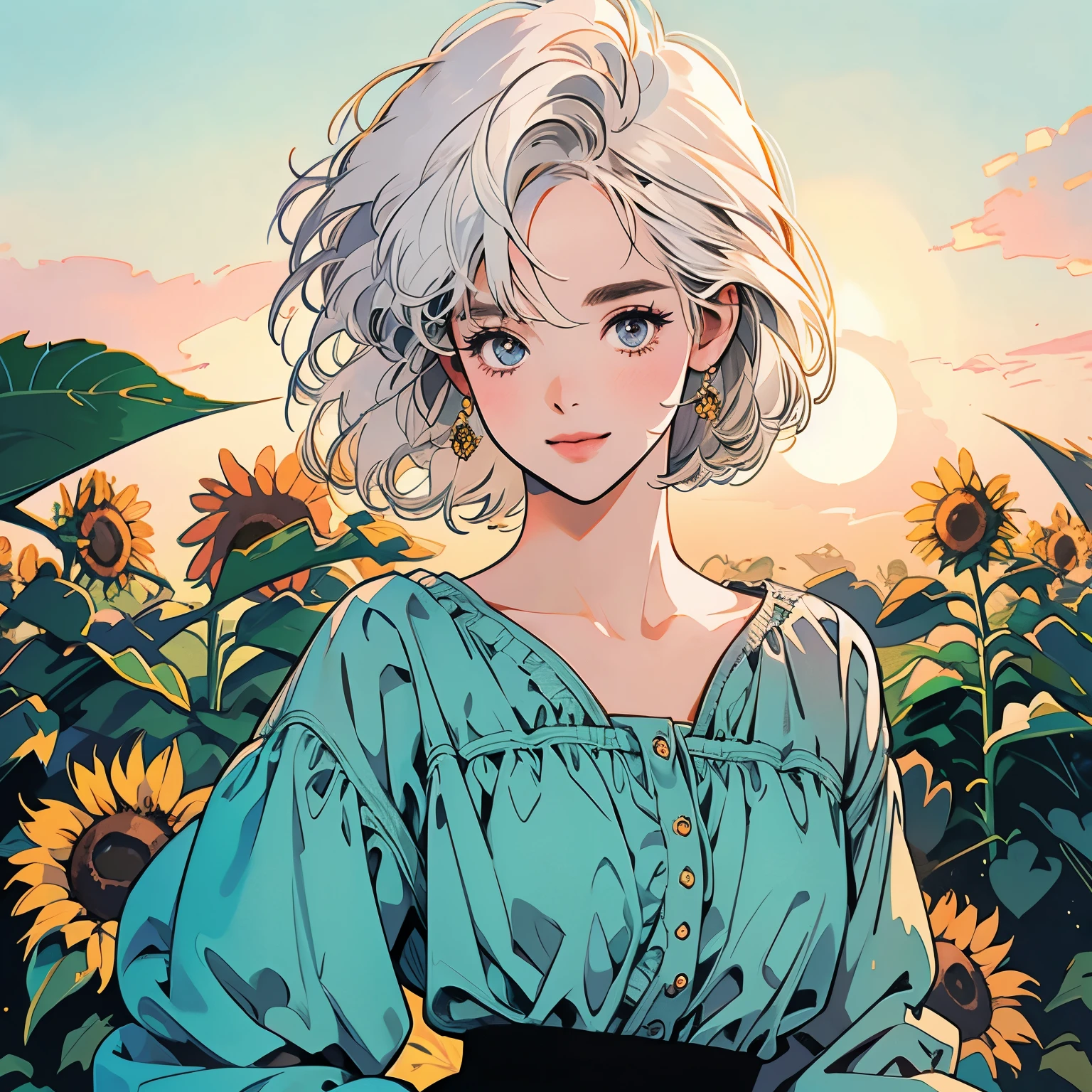 whole body、Kind Face、1 pretty woman、blouse、skirt、Sunflower field、Sunset、Complex background、Detailed Hair、White Hair、Faint lighting、short hair length、smile
