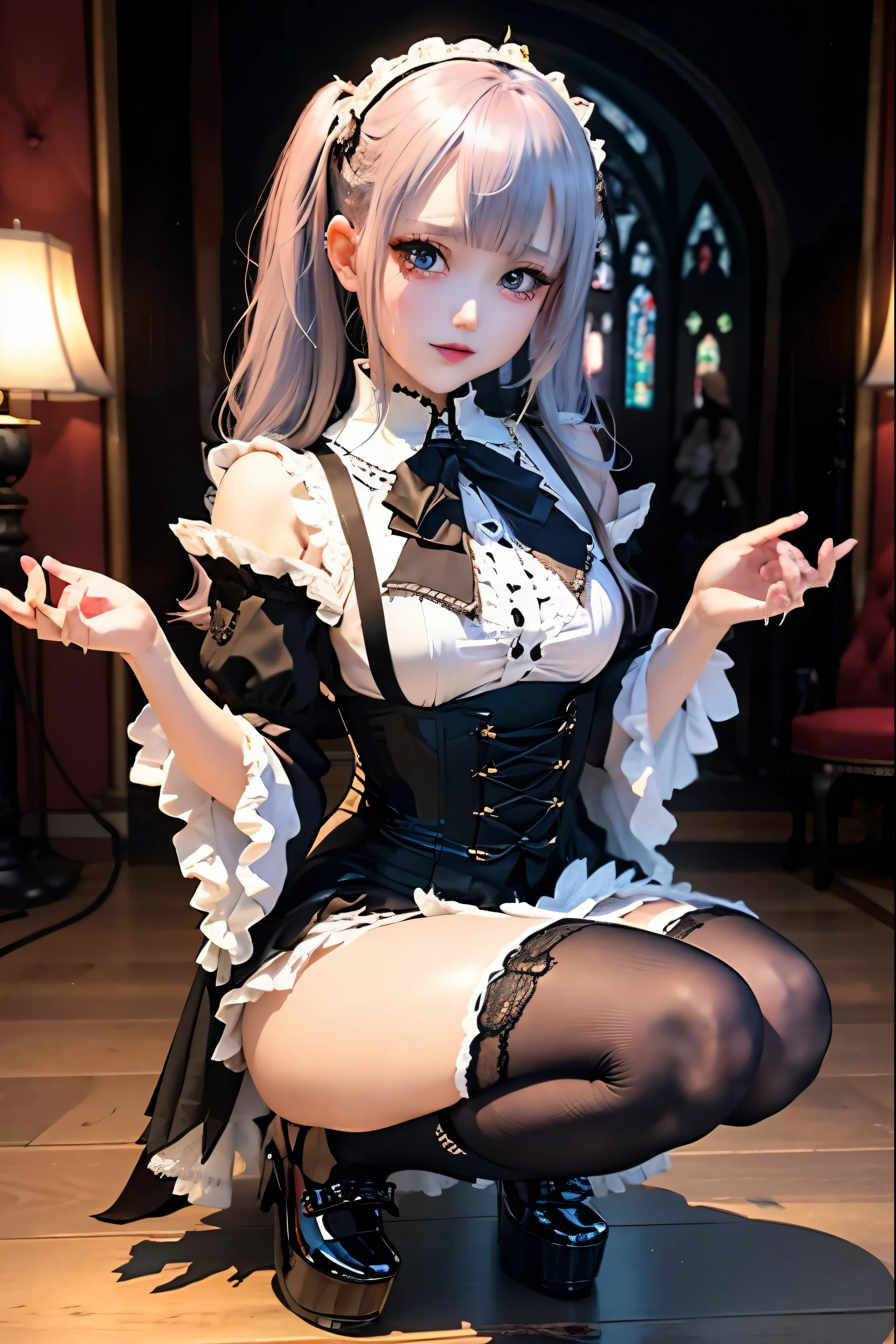 Hard Dark Gothic Makeup、Deep Night Sky、Horror、Black dark eyeshadow、cry、sad、Good skin radiance、Dark Gothicメイク、Dark smile、palace、The beauty of fragrance、24-years-old、Expressions of intense sexual pleasure、Embarrassed look、Dark Gothic、Obscene language、highest quality、Drunk face、紫のMaid clotheysterious、Noble、sexy、Loving smile、Twin tail hair、Right blue eye, Left eye is red、Platform Heel Shoes、Heavy makeup、Gothic Lolita Clothing、A little slimmer、Silver Hair、Long Hair Straight Hair、Cute Gothic Lolita Dress、Beautiful Face、elegant features、Fascinating face、Stained glass is the background、Chest glistening with sweat、The room is dark、gothic long dress、Bell Sleeves、Wizard Sleeve、Decadent look、Sexually excited expression、Glossy thighs wet with water、Thighs that are wet and shiny with oil、Background of a room full of roses、sad expression、The embroidery is pink、The dress has pink embroidery、Thigh-high socks、Knee-high socks、Gentle expression、Dark black eyeshadow、Stained glass and rose background、Female Duo、Female couple、dark church background、Stained glass、Black metal world、Dark Castle、Dark Room、Slender body、upright、walk、Are standing、gothic long dresaid clothes、Victorian dresses、Her thighs glisten with sweat、My body is wet and shiny、Lots of glitter on the thighs、sweating、My thighs are sticky from sweating、Sweat glistens on the thighs, The whole body is sweaty and shiny、Quite sweaty、My thighs are sweaty、My thighs are so wet、My thighs are shining with sweat、A lot of sweat glistens all over the body、The thighs are the best、Small breasts、Playing guitar、Singing while playing the guitar、les paul guitar、Holding a guitar、Playing in a band、Playing guitar chords、Practicing guitar、Sing a song、Embodying the guitar、Decorate your guitar、An enthusiastic live music venue、Splendid stage、Dynamic Angle、Les PaulHolding a guitar、