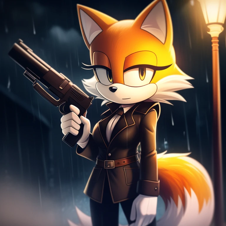 Film noir filter, Mobian, Female, Fox, Detective, slightly armored, holding a gun in one hand, Rainy background