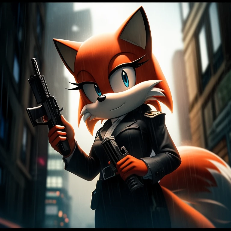 Film noir filter, Mobian, Female, Fox, Detective, slightly armored, holding a gun in one hand, Rainy background