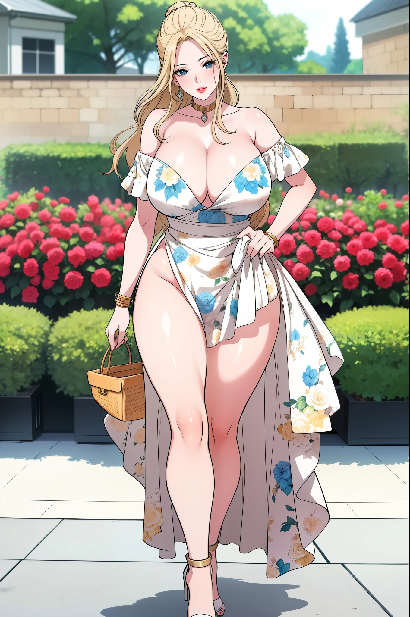 An extremely beautiful busty mother, age 26, gold blonde long silky hair, blue oceanic eyes, extremely super bright snow white fair stunning flawless glowing lush shiny white skin, and complexion, a perfect tight hourglass figure, a thick plump ass, cleavage, and perfect hips, wearing a short loose blue revealing floral dress with a white off-the-shoulder cardigan, yellow heels, jewelry on the neck, gold bangles on her wrist, and silver anklets on her legs, gold chain on the waist, a cute adorable smile on lips, pink lips, pink nails, roses on hair bun, standing straight, hands joined together, looking at the viewer, big lush garden in the background, day time show full body from head to feet.
