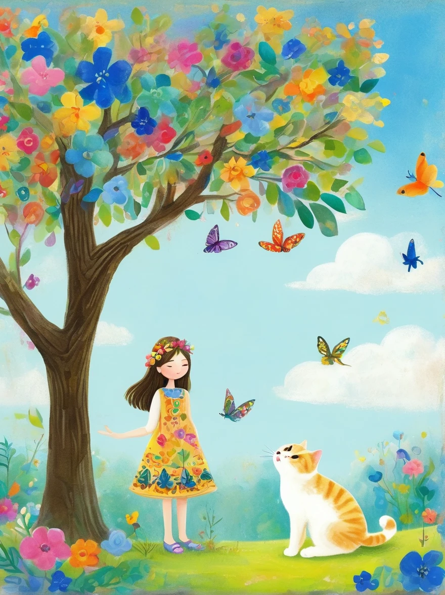 Neutral Color，Boho，Matte，Glass Sculpture，Broken glass effect，Vivid and bright colors，Natural light，Iwona Lifsches and Catherina Abel Figurative Art，Lovely digital artwork in the style of Andy Kehoe and Jasmine 3 Griffith，Colored sketch of a broadleaf tree，(Beautiful young girl wearing a beautiful dress made of blue flowers)，(Holding a cute kitten)，Beautiful landscape background，Colorful leaves on the tree，White Cloud，fantasy-realism，Fascinating，HDR，Highly detailed photorealistic digital art，Miki Asai macro photography，close up，Ultra Detailed，Popular on artstation，Sharp focus，Studio Photos，Intricate details，Very detailed，greg rutkowski，mystery