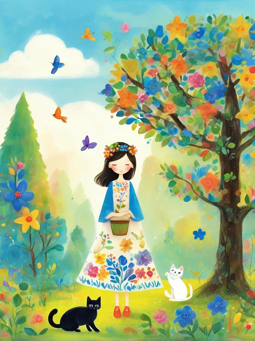 Neutral Color，Boho，Matte，Glass Sculpture，Broken glass effect，Vivid and bright colors，Natural light，Iwona Lifsches and Catherina Abel Figurative Art，Lovely digital artwork in the style of Andy Kehoe and Jasmine 3 Griffith，Colored sketch of a broadleaf tree，(Beautiful young girl wearing a beautiful dress made of blue flowers)，(Holding a cute kitten)，Beautiful landscape background，Colorful leaves on the tree，White Cloud，fantasy-realism，Fascinating，HDR，Highly detailed photorealistic digital art，Miki Asai macro photography，close up，Ultra Detailed，Popular on artstation，Sharp focus，Studio Photos，Intricate details，Very detailed，greg rutkowski，mystery