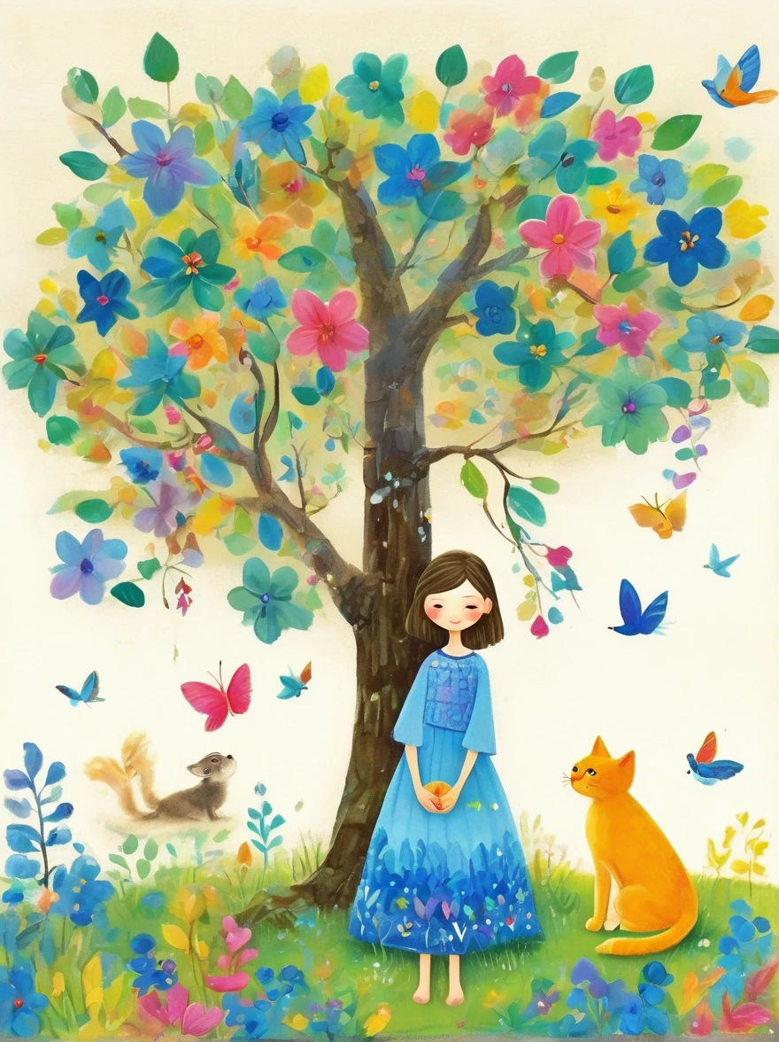 Neutral Color，Boho，Matte，Glass Sculpture，Broken glass effect，Vivid and bright colors，Natural light，Iwona Lifsches and Catherina Abel Figurative Art，Lovely digital artwork in the style of Andy Kehoe and Jasmine 3 Griffith，Colored sketch of a broadleaf tree，(Beautiful young girl wearing a beautiful dress made of blue flowers)，(Holding a cute kitten)，Beautiful landscape background，Colorful leaves on the tree，White Cloud，fantasy-realism，Fascinating，HDR，Highly detailed photorealistic digital art，Miki Asai macro photography，close up，Ultra Detailed，Popular on artstation，Sharp focus，Studio Photos，Intricate details，Very detailed，greg rutkowski，mystery