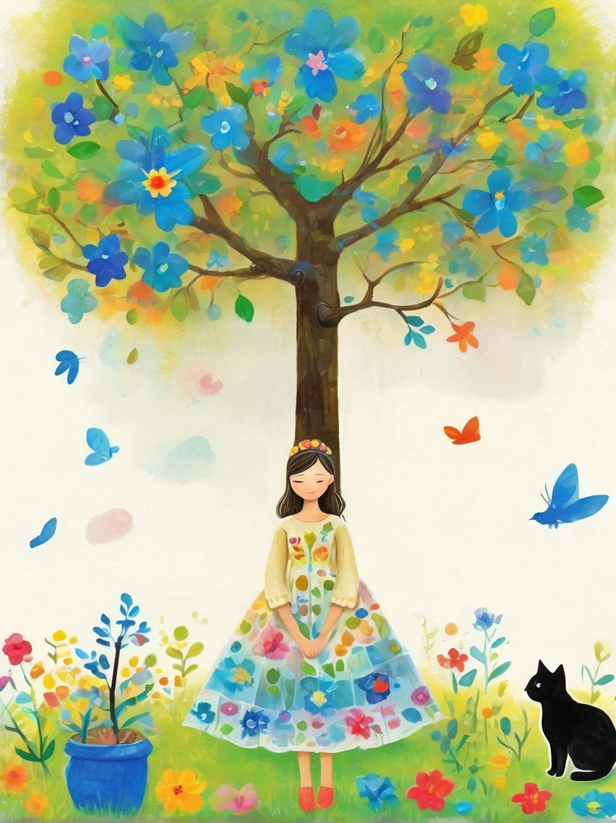 Neutral Color，Boho，Matte，Glass Sculpture，Broken glass effect，Vivid and bright colors，Natural light，Iwona Lifsches and Catherina Abel Figurative Art，Lovely digital artwork in the style of Andy Kehoe and Jasmine 3 Griffith，Colored sketch of a broadleaf tree，(Beautiful young girl wearing a beautiful dress made of blue flowers)，(Holding a cute kitten)，Beautiful landscape background，Colorful leaves on the tree，White Cloud，fantasy-realism，Fascinating，HDR，Highly detailed photorealistic digital art，Miki Asai macro photography，close up，Ultra Detailed，Popular on artstation，Sharp focus，Studio Photos，Intricate details，Very detailed，greg rutkowski，mystery