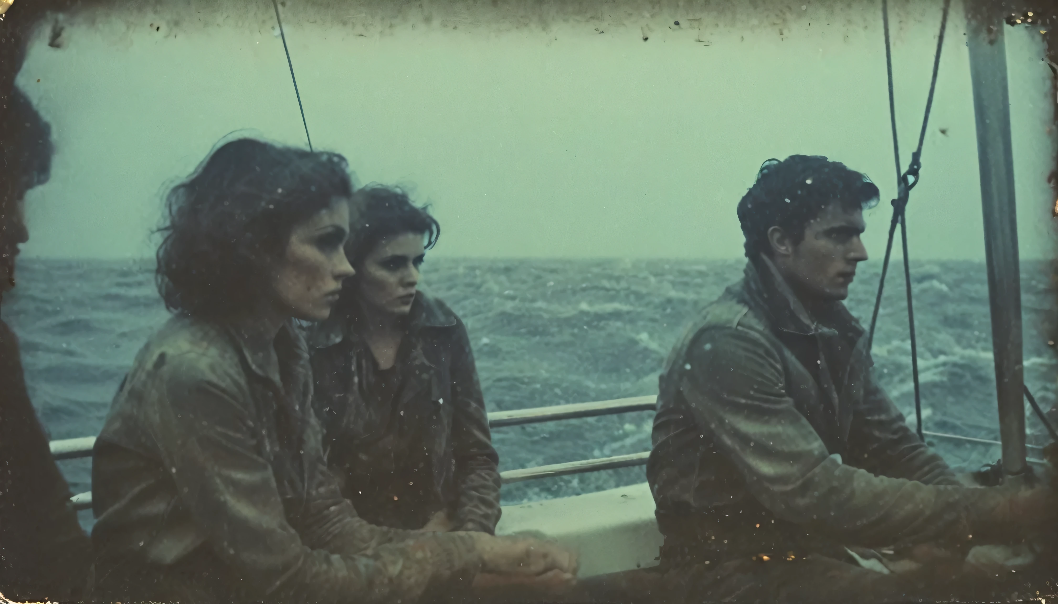 grainy, polaroid, 35mm vintage, realistic old polaroid, 4 young adults on a modern sail-boat cruise over the Atlantic ocean, dark eerie horror