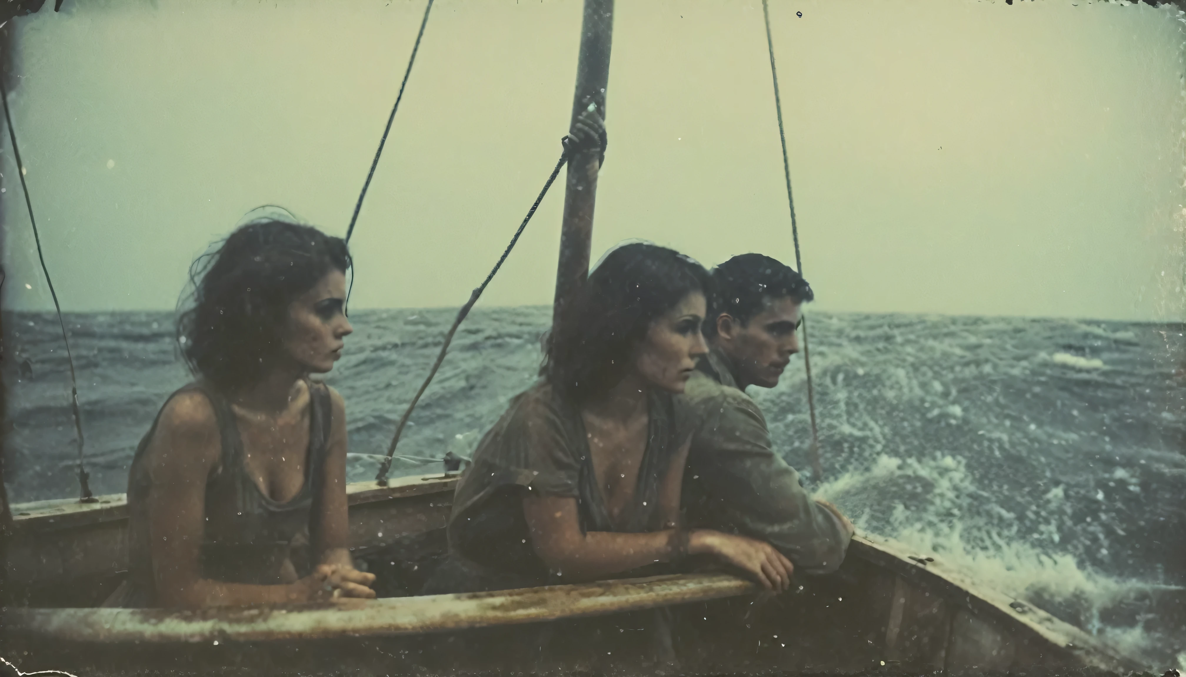 grainy, polaroid, 35mm vintage, realistic old polaroid, 4 young adult on a sail-boat on the atlantic ocean, dark eerie horror