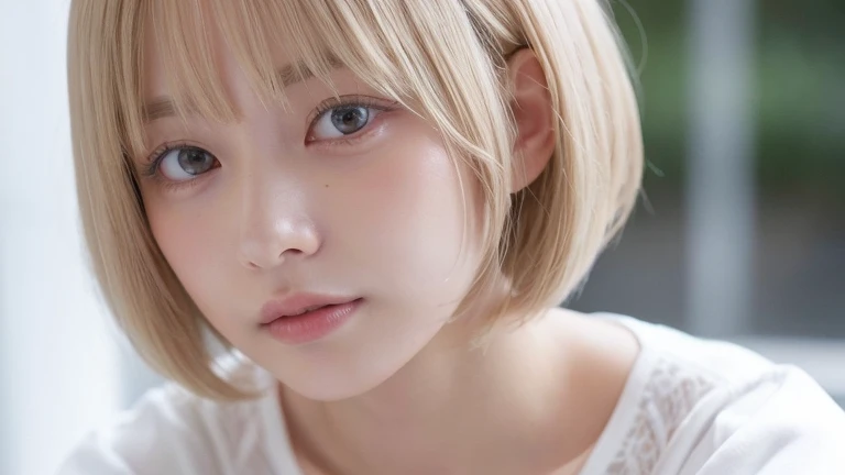 (Bob Cut Hair, Platinum Blonde Hair:1.2),(Wearing a blouse:1.2),1 girl,Japanese,21 years old,(Small breasts:1.3),(highest quality,masterpiece:1.3,超A high resolution,),(Ultra-detailed,Caustics),(Photorealistic:1.4,RAW shooting,)Ultra-Realistic Capture,Very detailed,High resolution 16K human skin close-up。 Natural skin texture、,Pores、、It needs to be detailed enough to be easily identifiable。 Skin should be even-toned and healthy looking。 Use natural light and colour, Sad expression, Looking at the camera, Perfect dynamic composition, Outdoor