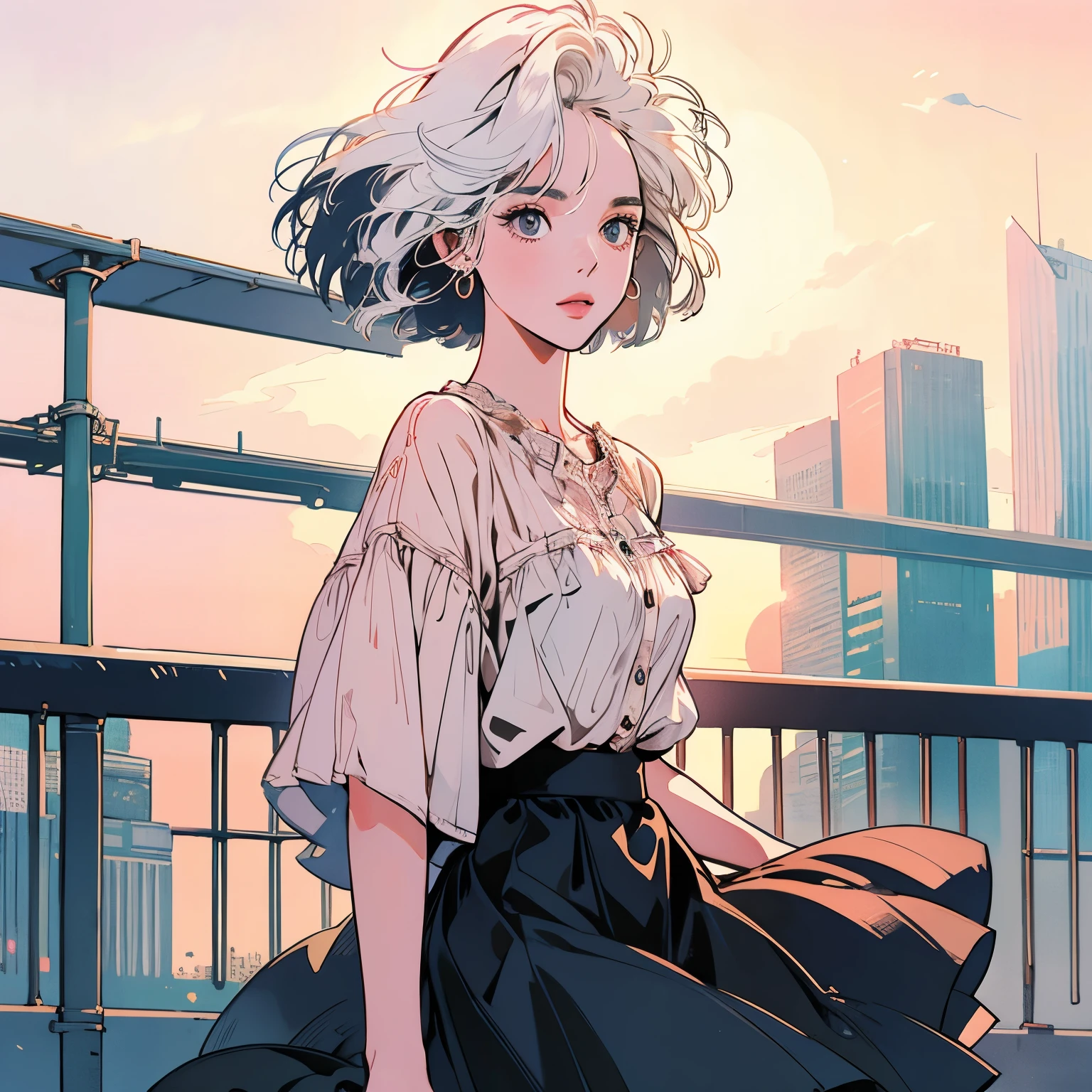 whole body、Kind Face、1 pretty woman、blouse、skirt、Pedestrian bridge、skyscraper、Sunset、Complex background、Detailed Hair、White Hair、Faint lighting、short hair length、There is movement