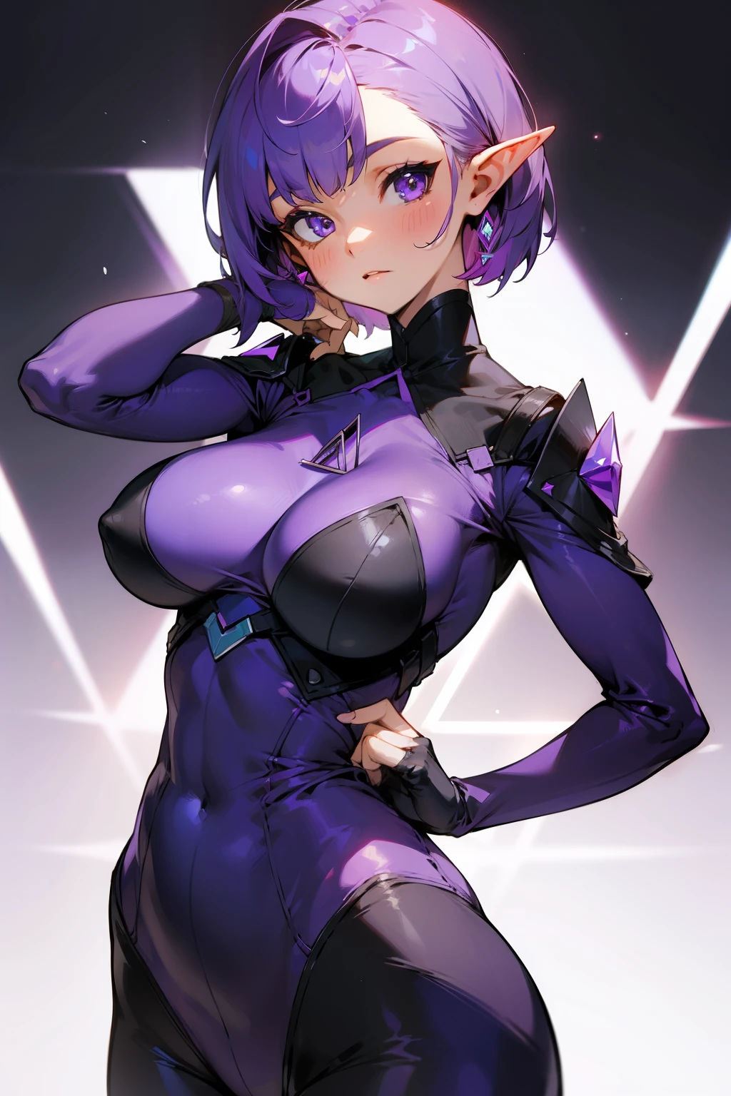 Girl, short purple hair, triangle above her head, pointed ears, tight purple clothes that cover her entire body, big breasts,