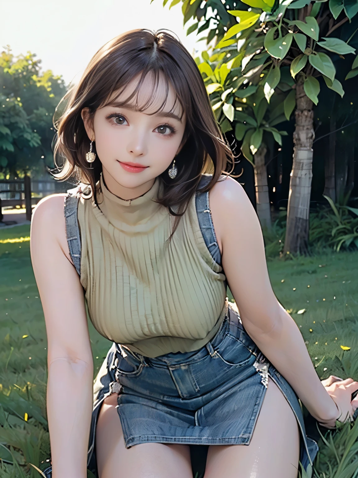 ((((highest quality))))、(((Ultra-precision CG16K wallpaper)))、(((masterpiece)))、(((Super detailed)))、(((Extreme detail)))、((１Mature 29 year old woman:1.6))、((Very beautiful Japanese faces))、((Zuo々Nozomi:1.5))、((Straight medium hair、blunt bangs:1.5))、((Shiny brown hair:1.5))、Beautiful delicate eyes、Brown Eyes、eyeliner、Eyeshadow、High nose、Small nostrils、Small Mouth、Seductive lips、Beautiful breasts、((C cup size breasts))、Beautiful feet、eight-headed body、Perfect proportions、Perfect Anatomy、Perfect composition、Beautiful detailed shading、Beautiful, natural lighting、Beautiful detail glow、Depth of written boundary、(((High chroma)))、(((Real:1.9)))、((vivid:1.5))、((Beautiful Skin))、((Skin Texture))、((Realな皮膚感))、(((Cowboy Shot:1.6)))、((front view、shoot from front、Front low angle:1.6))、(((smile:1.5)))、((The woman is looking at this、looking at viewer、Facing forward:1.6))、Bright daylight、Natural light、(((Grass Square、Trees:1.3)))、(Gravure idol pose:1.6)、(((Moss green high neck sleeveless ribbed knit double slit mini dress:1.6)))、((Wearing earrings:1.3))、((Knee socks clothing:1.5))、(((A woman is kneeling on the grass:1.6)))、