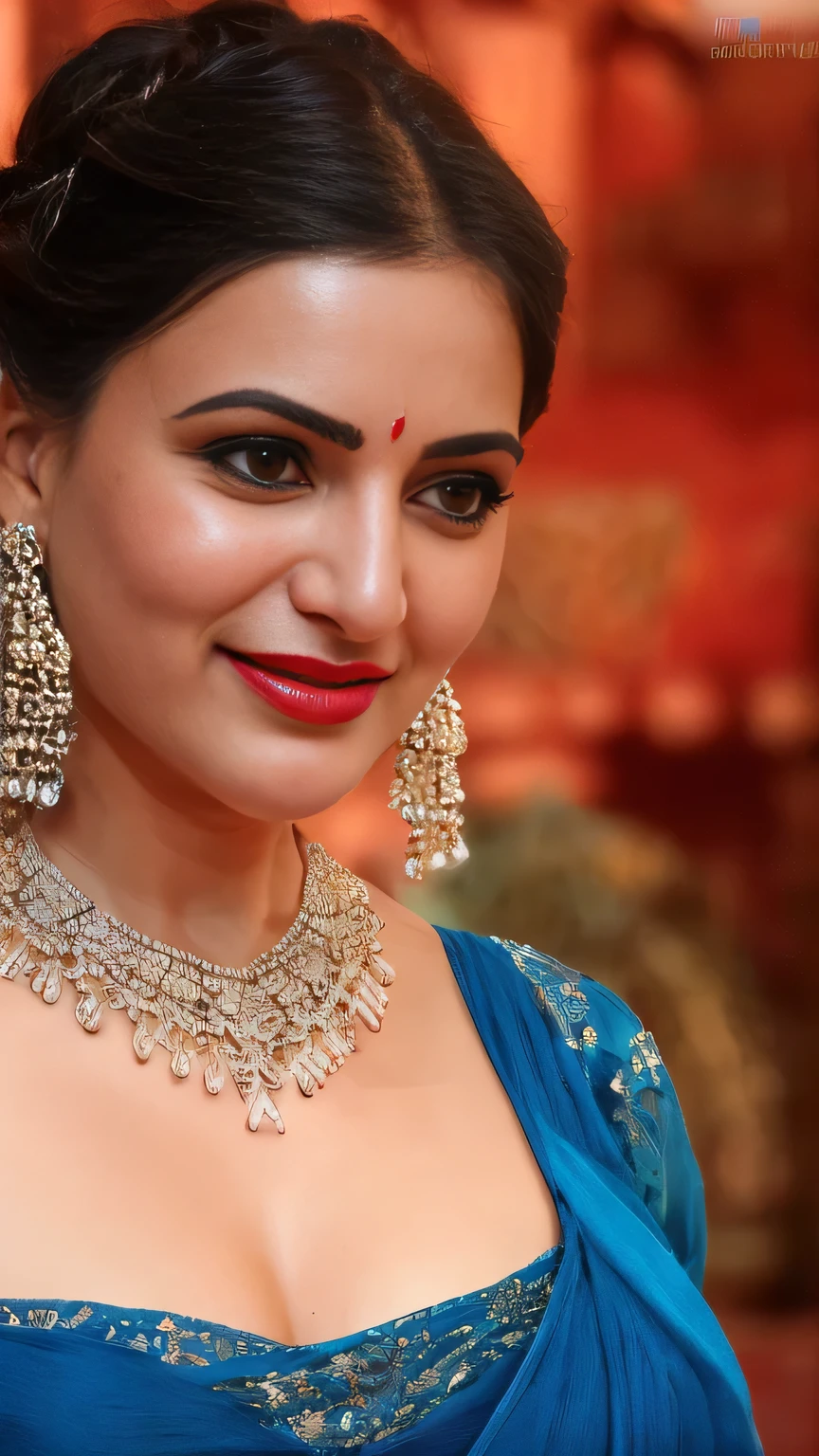 night scene, extreme close up photo of naked albh, curvy, hourglass figure, swooping breasts, deep cleavage, standing in temple in ugadi celebrations, French braid hair, necklace, blue lace dress, sultry, seductive eyes, red lips, look at viewer and smile, (cinematic:1.3), intricate details, (ArtStation:1.2)