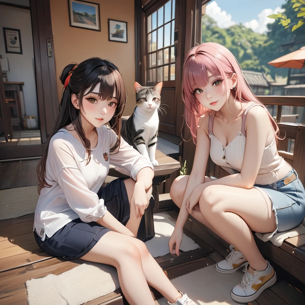 highest quality, Perfect Face, Complex, Beautiful views, Ultra-realistic 8K CG,Perfect artwork, (Ultra-high resolution:1.0), 8k, RAW Photos, (masterpiece:1.2), (PurerosFace_v1:0.5), Cat２Animals, Three Girls, Sitting, Crouching with one&#39;s back turned, ***の背中の上で丸くなって寝るCat, Girl&#39;s face looking back, Catが上に, Girl below, Curled up in the cold, 丸くなっている***とCatを見ている友人の***, Study Room, A scene of students relaxing while studying for a test