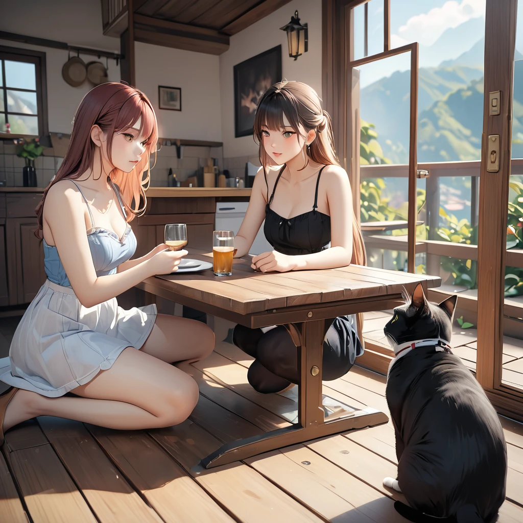 highest quality, Perfect Face, Complex, Beautiful views, Ultra-realistic 8K CG,Perfect artwork, (Ultra-high resolution:1.0), 8k, RAW Photos, (masterpiece:1.2), (PurerosFace_v1:0.5), Cat２Animals, Three Girls, Sitting, Crouching with one&#39;s back turned, ***の背中の上で丸くなって寝るCat, Girl&#39;s face looking back, Catが上に, Girl below, Curled up in the cold, 丸くなっている***とCatを見ている友人の***, Study Room, A scene of students relaxing while studying for a test