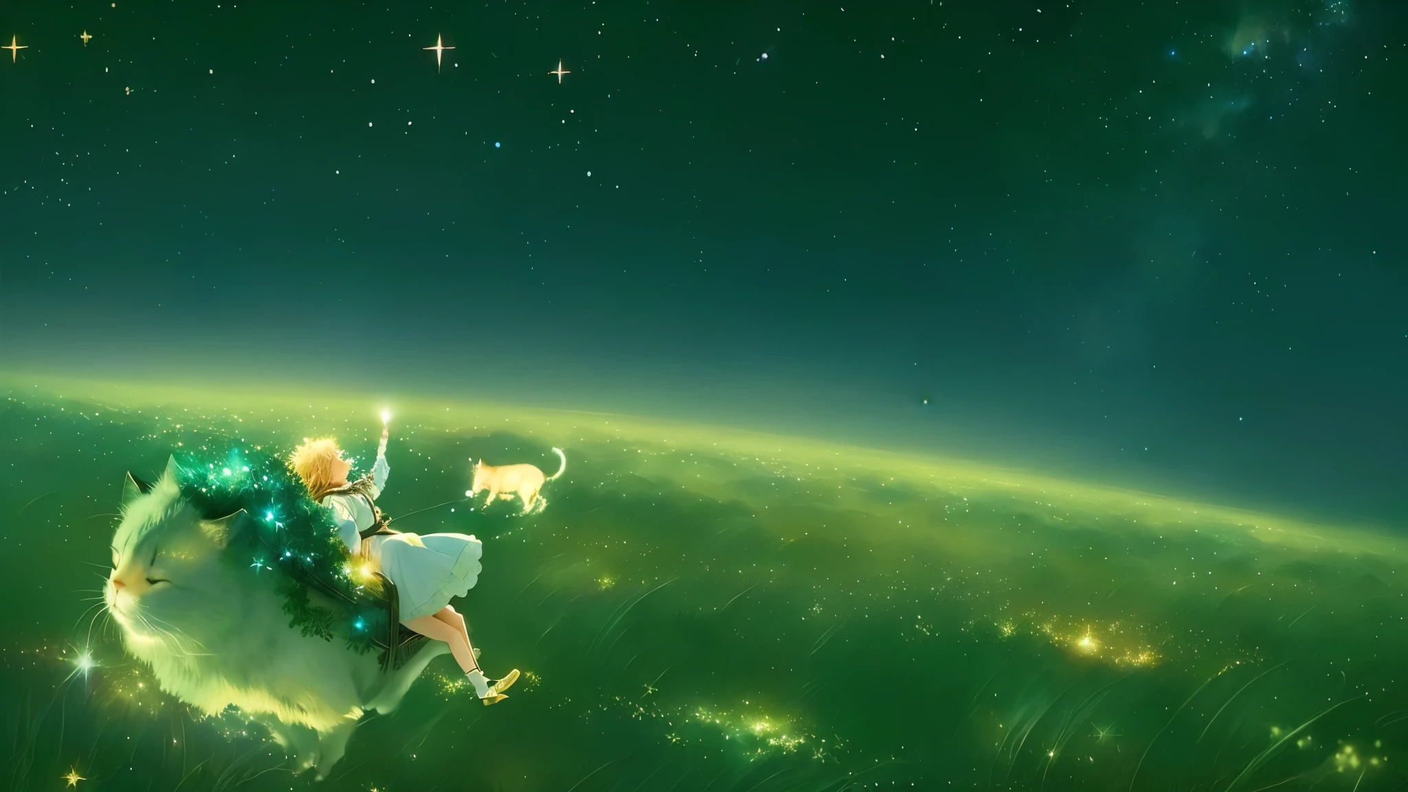 anime girl flying in the sky with a cat on her back, dreamy illustration, with stars, dreaming about a faraway place, blurry and dreamy illustration, night starry sky full of cats, far away dreamy atmosphere, with the sky full of stars, illustration!, night under the starry sky, koto no ha no niwa, the little prince