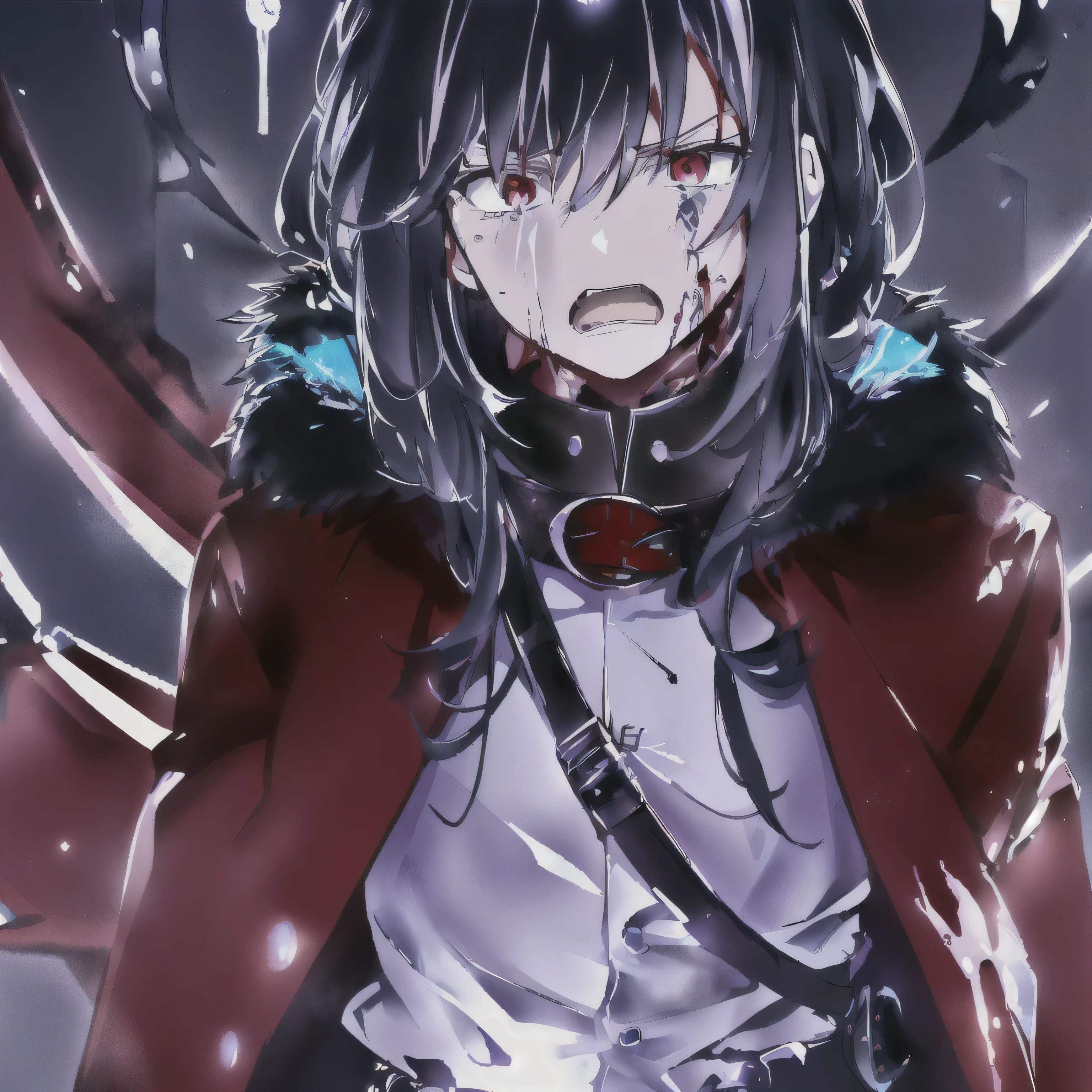anime - style image of a soft featured young man with Black hair red eyes and a cape, badass anime 8 k, gapmoe yandere grimdark, portrait gapmoe yandere grimdark, shalltear bloodfallen, best anime 4k konachan wallpaper, yandere, gapmoe yandere, yandere intricate, zerochan art, zerochan, anime moe artstyle, Tensura, Rimuru Tempest, Cover art style, dark colors, anime coloring, black and white clothing, noble stature