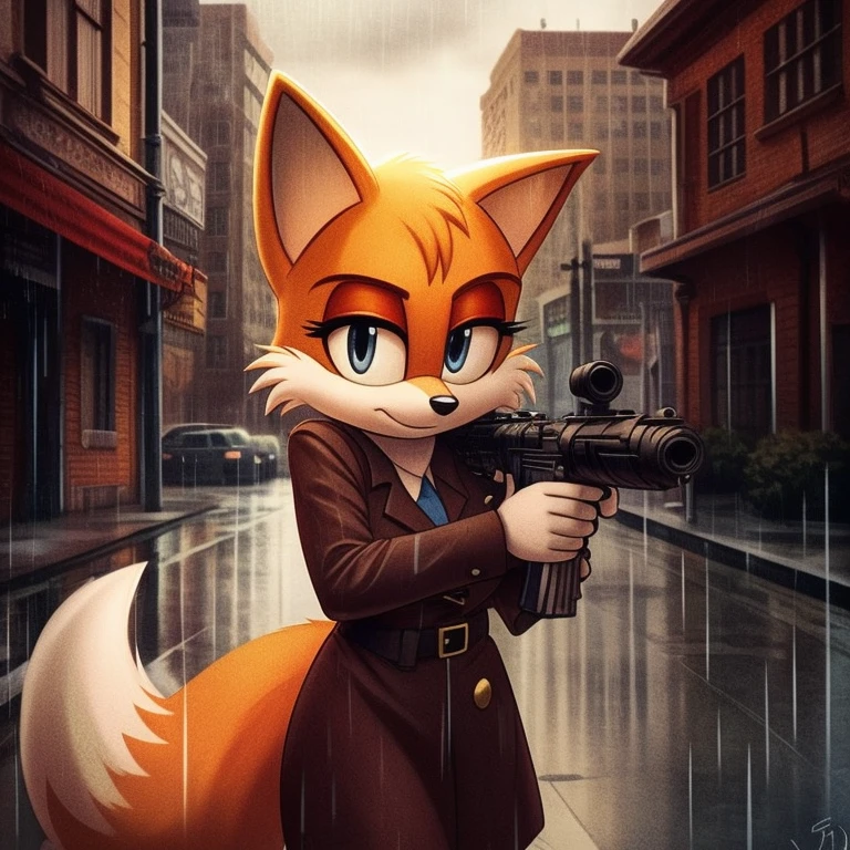 Film noir filter, Mobian, Female, Fox, Detective, slightly armored, holding a gun in one hand, Rainy background