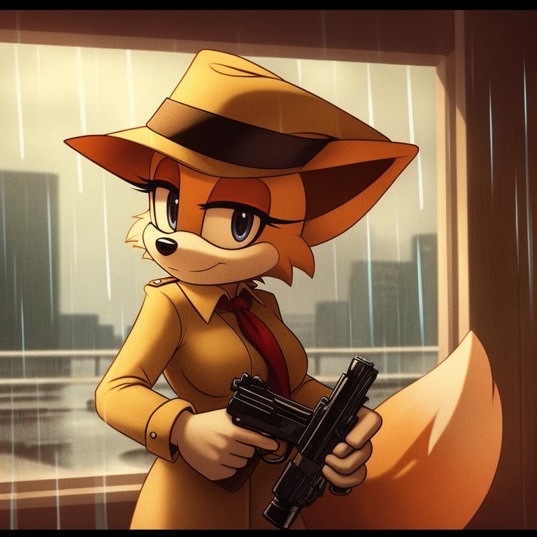 Film noir filter, Mobian, Female, Fox, Detective, slightly armored, holding a gun in one hand, Rainy background