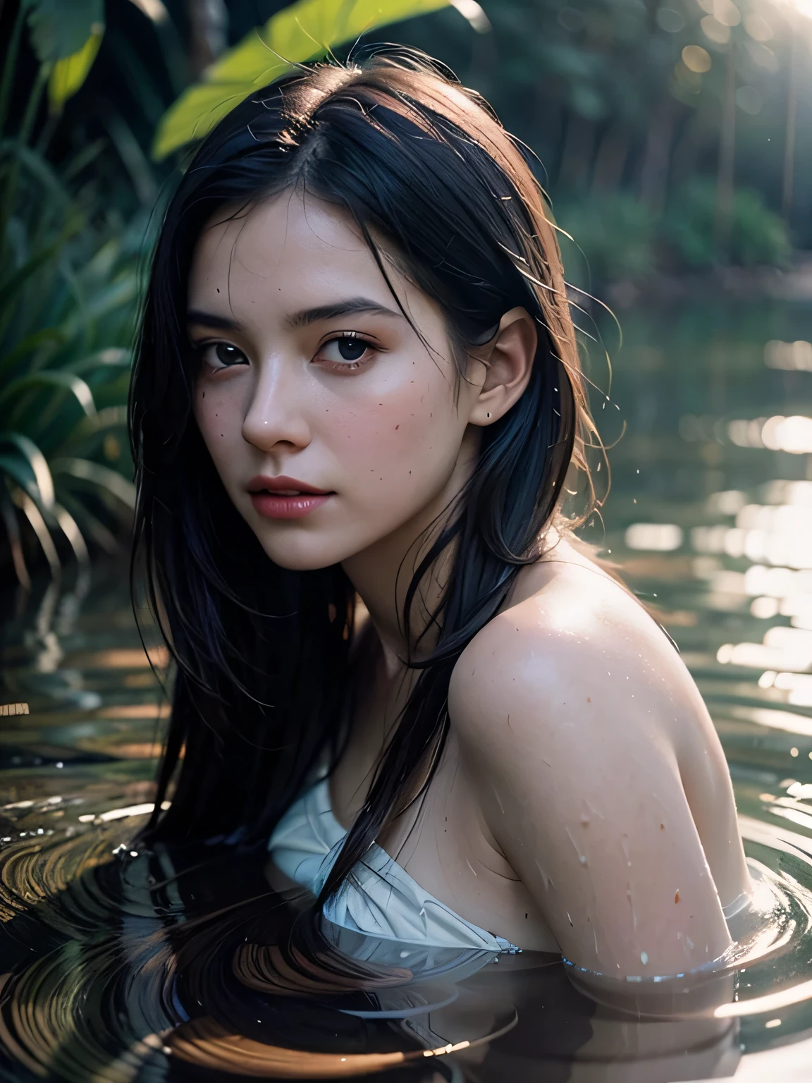 close up portrait of a cute woman (gldot) bathing in a river, reeds, (backlighting), realistic, masterpiece, highest quality, lens flare, shade, bloom, [[chromatic aberration]], by Jeremy Lipking, by Antonio J. Manzanedo, digital painting,