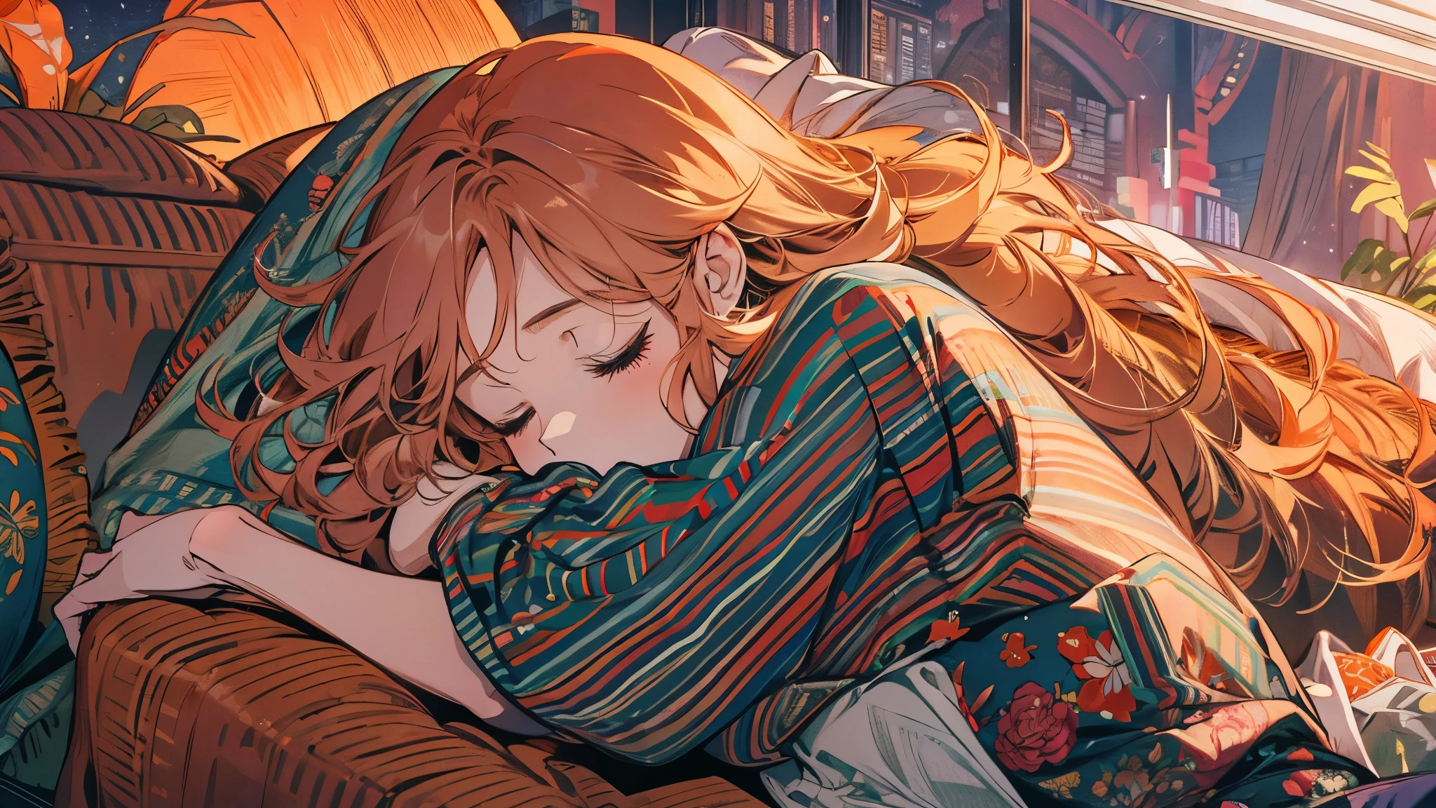 high resolution、One Girl、Center of screen、Lying on the sofa、Sleeping with your eyes closed、Inside a Nordic-style room、T-shirt and hot pants、Vibrant colors、Vivid Color、Warm shades、Orange long hair、