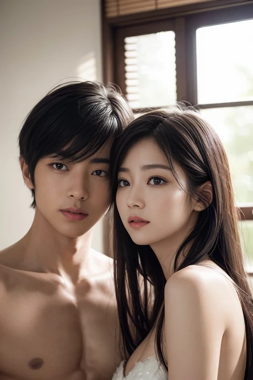 (male and female couple, ，same height，two college students,Different hairstyles), (28 years old), （bedroom）, Film texture, Japanese movies，realism，real human, Beautiful light and shadow., blurred background, Long eyelashes,Totally naked,naked,Double eyelids, handsome，youthfulness，refreshing，Asian people，I&#39;m a shy person.，smile，Big eyes，embrace,paw,Hot and sexual demeanor,round eyes，full body shot