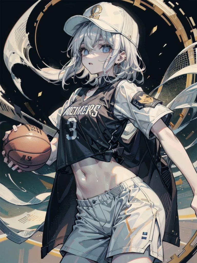 whole body, Basketball shirt, baseball cap, Hot Pants, absurdres, RAW photo, extremely delicate and beautiful, masterpiece, Best Quality, ultra high resolution, 32k, hyperrealistic, ultra-detailed, perfect figure, perfect shape, detailed description, pale skin, 20 years old, detailed beautiful face and eyes, tearful mole, earring, short medium hair, wavy hair, blackhead,
