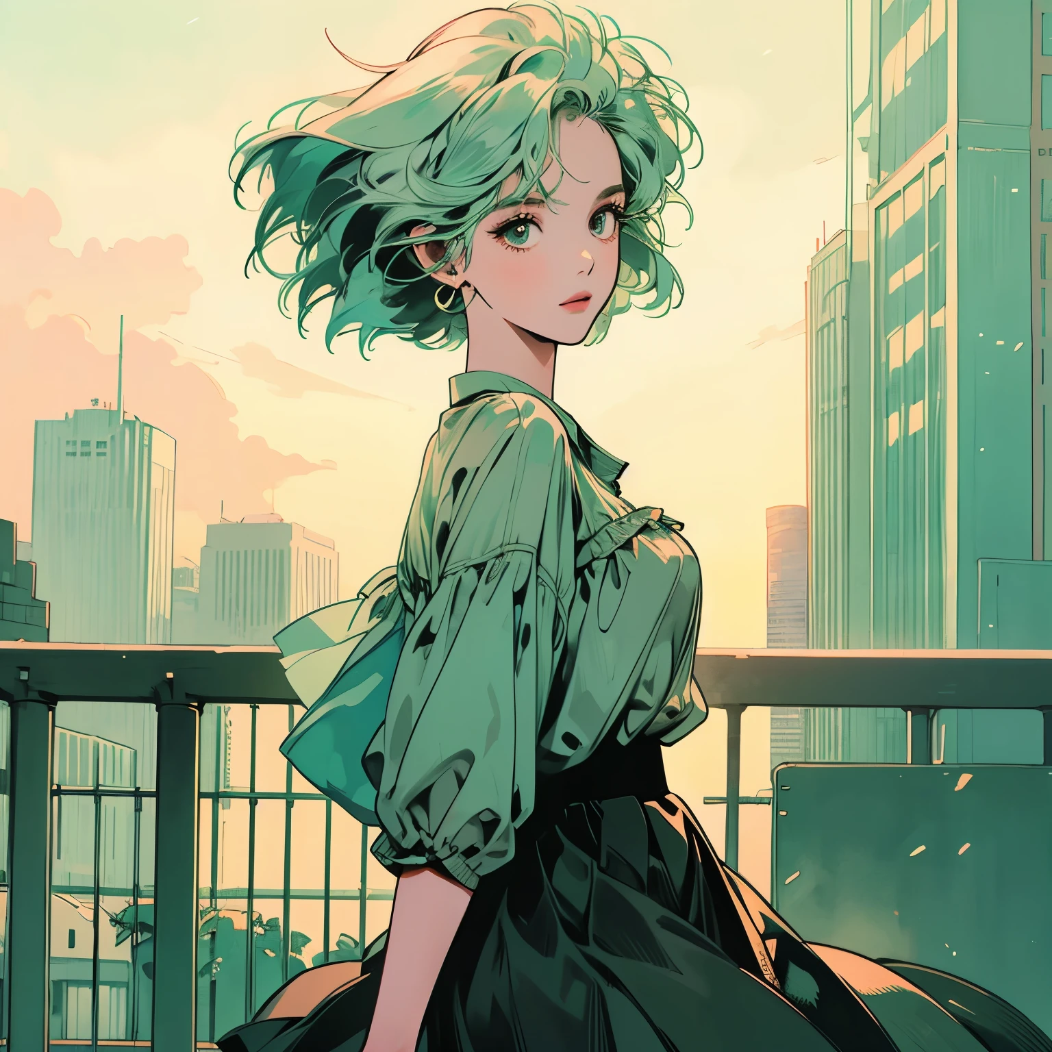 whole body、Kind Face、1 pretty woman、blouse、skirt、Pedestrian bridge、skyscraper、Sunset、Complex background、Detailed Hair、Pale green hair、Faint lighting、short hair length、There is movement