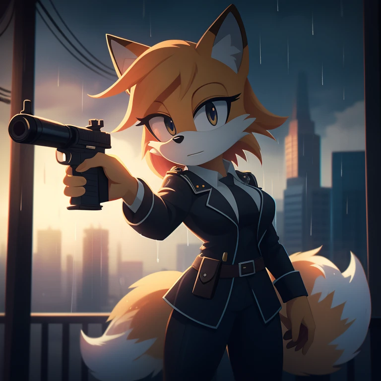 Film noir filter, Mobian, Female, Fox, Detective, slightly armored, holding a gun in one hand, Rainy background