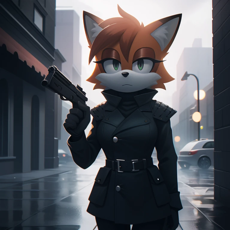 Film noir filter, Mobian, Female, Fox, Detective, slightly armored, holding a gun in one hand, Rainy background