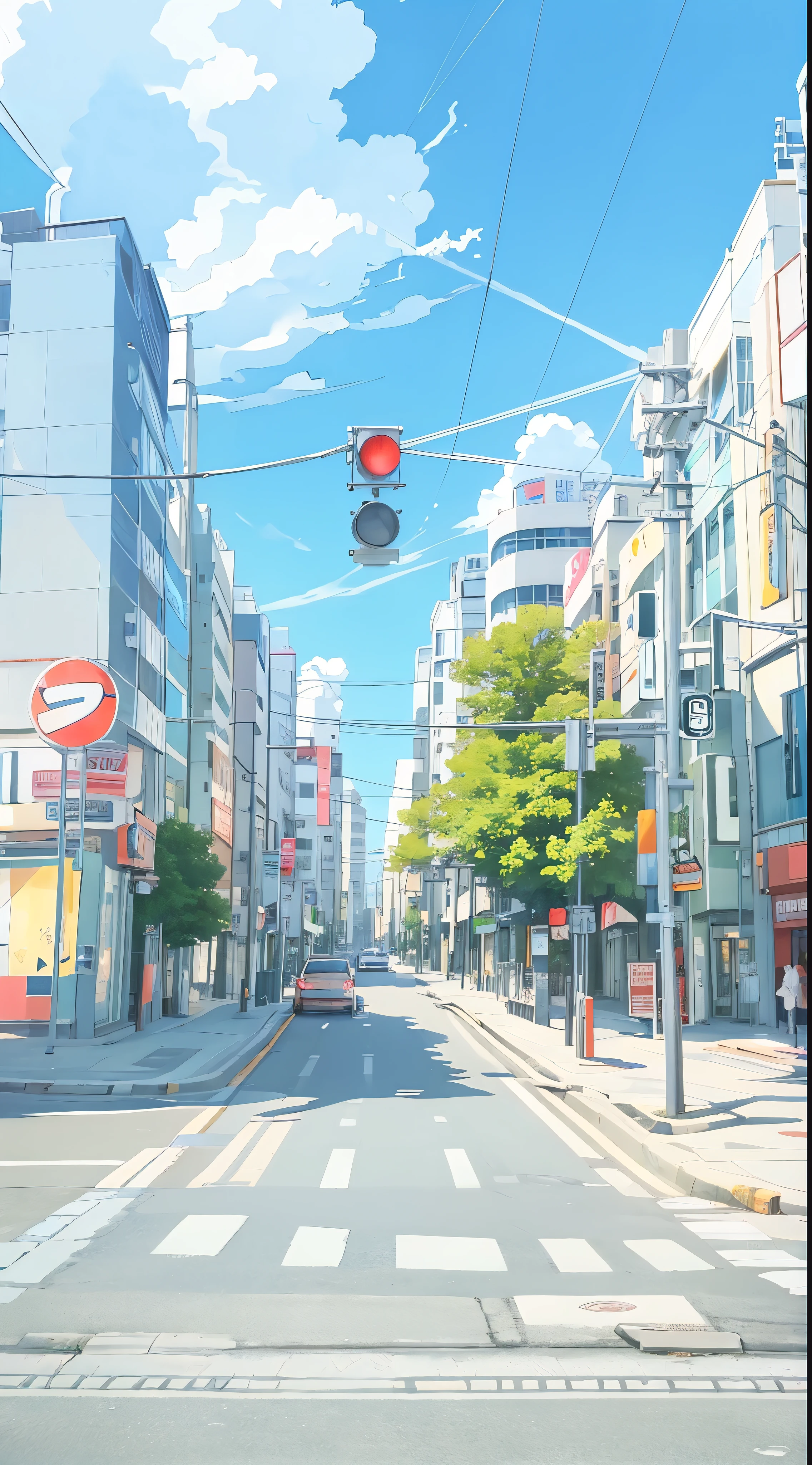 a red traffic light sitting on the side of a road, Abandoned Shinjuku Garbage Town, traffic light on, traffic light, City street background, traffic lights, Japanese Urban Street Fashion, sunny,Clear sky, !! Stop the lights, kyoto animation studio, Cyberpunk streets of Japan, Popular color palette in Japanese cities, On the city streets, in a deserted city, Very detailed, Blue sky,cloudy, illustration, no humans