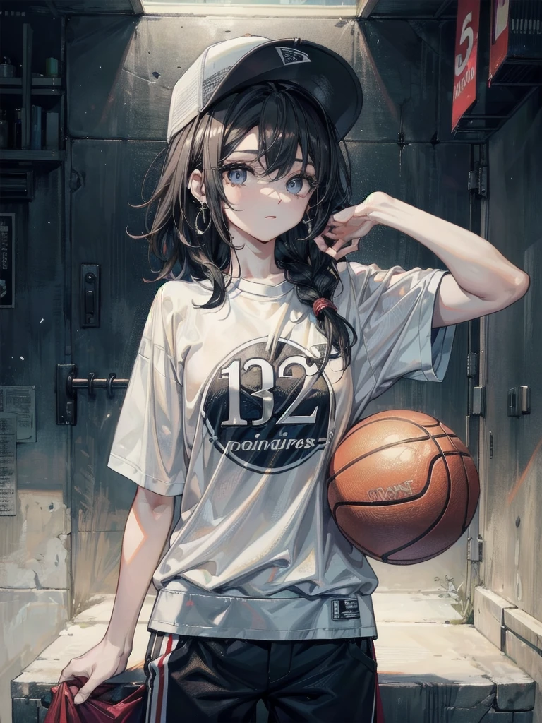 whole body, Basketball shirt, baseball cap, Hot Pants, absurdres, RAW photo, extremely delicate and beautiful, masterpiece, Best Quality, ultra high resolution, 32k, hyperrealistic, ultra-detailed, perfect figure, perfect shape, detailed description, pale skin, 20 years old, detailed beautiful face and eyes, tearful mole, earring, short medium hair, wavy hair, black hair,