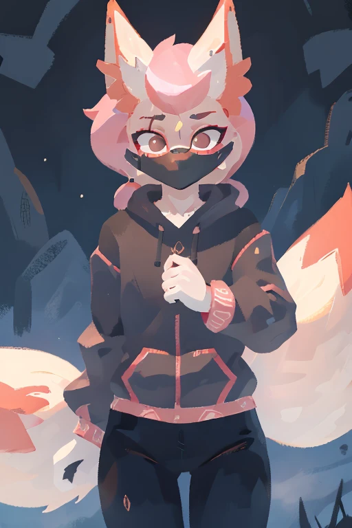 1girl, solo, fox girl, white fur, pink hair, fox ears, (best quality, masterpiece, illustration, ultra-detailed:1.3), multiple tails, short ponytail, black hoodie, black pants, hood on the head, black face mask