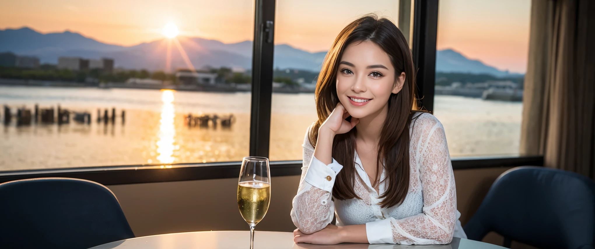 ((highest quality、8k、masterpiece:1.3))、1 male、1 female、Couple、spouse、Couple、Slim body、((Bob Hale、Straight hair:1.2)), (Realistic, Intricate details:1.2), Wine glass on the table、Shine light on your face、 Amazing view of the sunset sky and clouds、Amazing mountain views、A bright smile、The wonderfulness of smile、Bright image、The beauty of wine, Beautiful Face, blue eyes, The light shines on your face, Blushing, short hair,Bright Face、 (Age 37), 39 years old, red wine 、Appetizers、Italian food、Wine bottle、Champagne、sparkling wine、Two beauties、Brown Hair、Shortcuts、Long sleeve shirt、dress、Pretty Woman 1, (Slim face), (The body is slim), (Brown Hair), (Shortcuts), cheeks turn a little red,Attractive beauty、restaurant, In a prominent place (From the waist up) Nova Frog Style, actress, model, Upper Body, White wine, slim, wine glass, Wine glass placed in the center, smile, (smile: 1.15), Beautiful fine grain, Depth f/2,saturation, High Contrast, Strong light and shadow,Moist Body:1.5、3D texture、Delicate eyes、Brown Hair、The hair is very shiny、