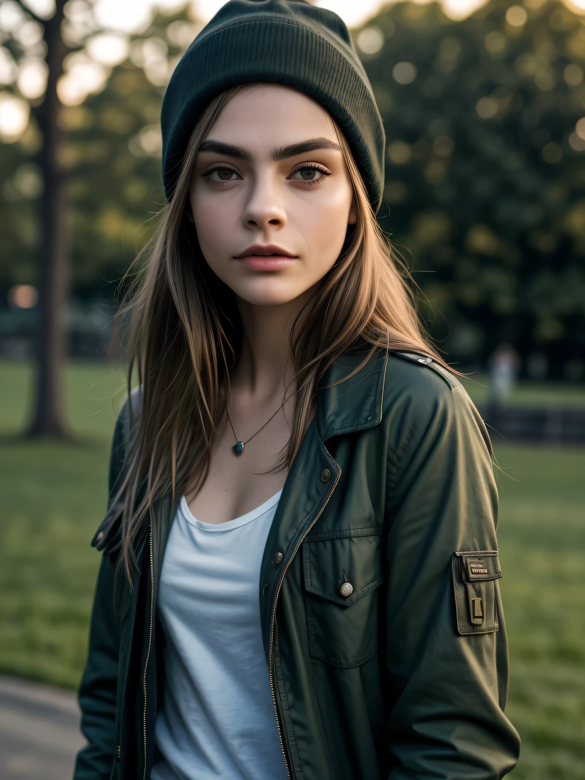 (Best quality, photorealistic, highres, reality, super realistic), Outdoor fashion shoot, solo, a brunette girl who looking alike Cara Delevingne, wearing military jacket over tank shirt, beanie, delicate face, alluring facial expression, (in park, at dusk), natural light, sensual and romance mood.