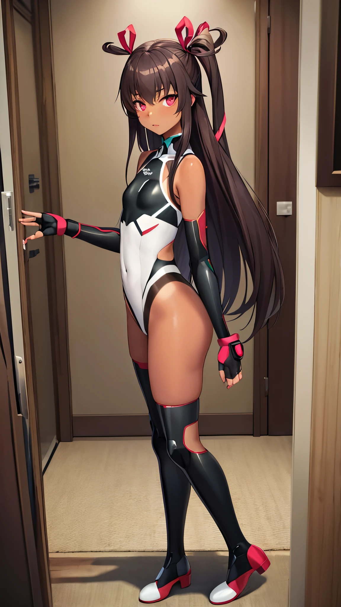 8k,best quality,masterpiece, highest quality, High resolution ,Mizuki Yukikaze, 1 person,Hair Ribbon, Black leotard,( (Taimanin suit)), skinny,flat tits,One Piece Tan, Elbow Bag, Fingerless gloves, Thigh-high boots,pov,Are standing,full body,