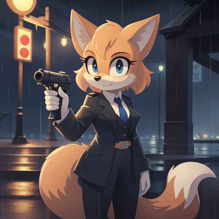 Film noir filter, Mobian, Female, Fox, Detective, slightly armored, holding a gun in one hand, Rainy background