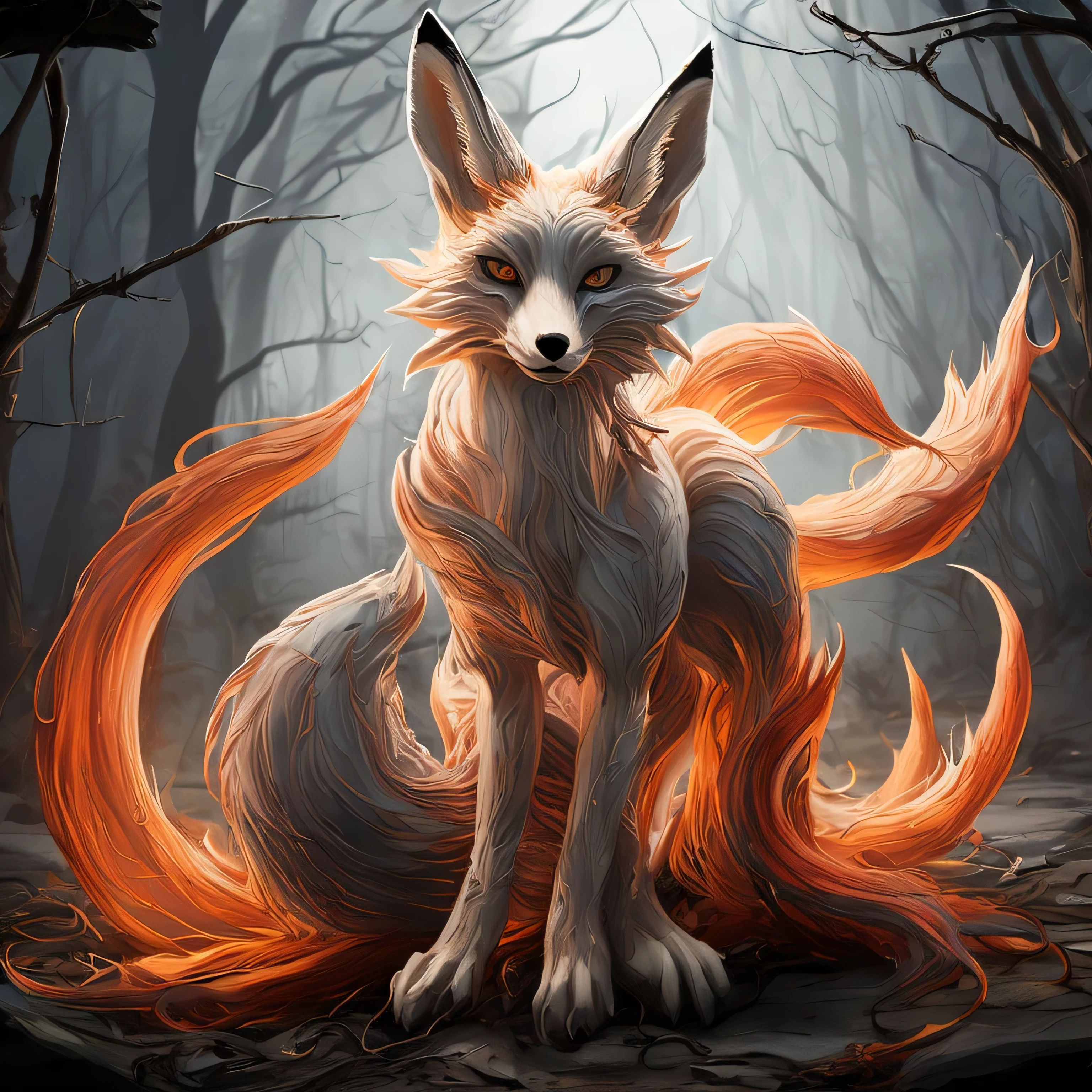 ((best quality)), ((masterpiece)), (detailed), Keyword prompts:
• Nine-Tailed Fox (Nine-tailed Fox)
• Chinese mythology (Chinese mythology)
• Classic of Mountains and Seas (Shan Hai Jing)
• Legendary Creatures (legendary creature)
• Nine Tails (nine tails)
• fox (fox)
• Fox (demon fox)
• mystery (mysterious)
• Magical style (fantasy style)
• East (ancient Eastern)
• cunning (cunning)
• Charm (enchanting)
• Magic (magical powers)
• Fox ears (fox ears)
• Tail details (tail details)
• Solid color background (solid color background)
Long description prompt word:
“Draw a nine-tailed fox,This is a legendary creature in Chinese mythology.,Has nine tails。Its image is a fox,Mysterious and magical。Background should be a solid color,No other elements。The nine-tailed fox is smart and cunning,Often depicted as beautiful and charismatic creatures,Possess powerful magic。”