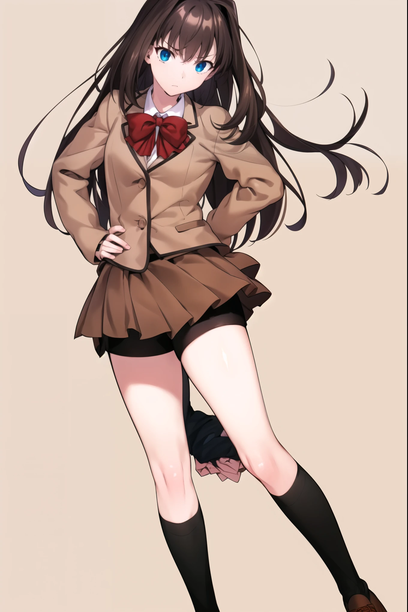8k, high quality, AokoSchoolUniform, ((1girl)), (((solo))), (chestnut-brown hair with slightly reddish undertone), perfect face, red bowtie, beige blazer, (((Umber pleated mini-skirt:1.6))), (black spandex shorts:1.4), (nice thighs:1.4), (Over-the-Knee black Socks:1.5), brown Strap-Shoes shoes, (standing), (full body), (white-empty background:1.4), completely empty background
