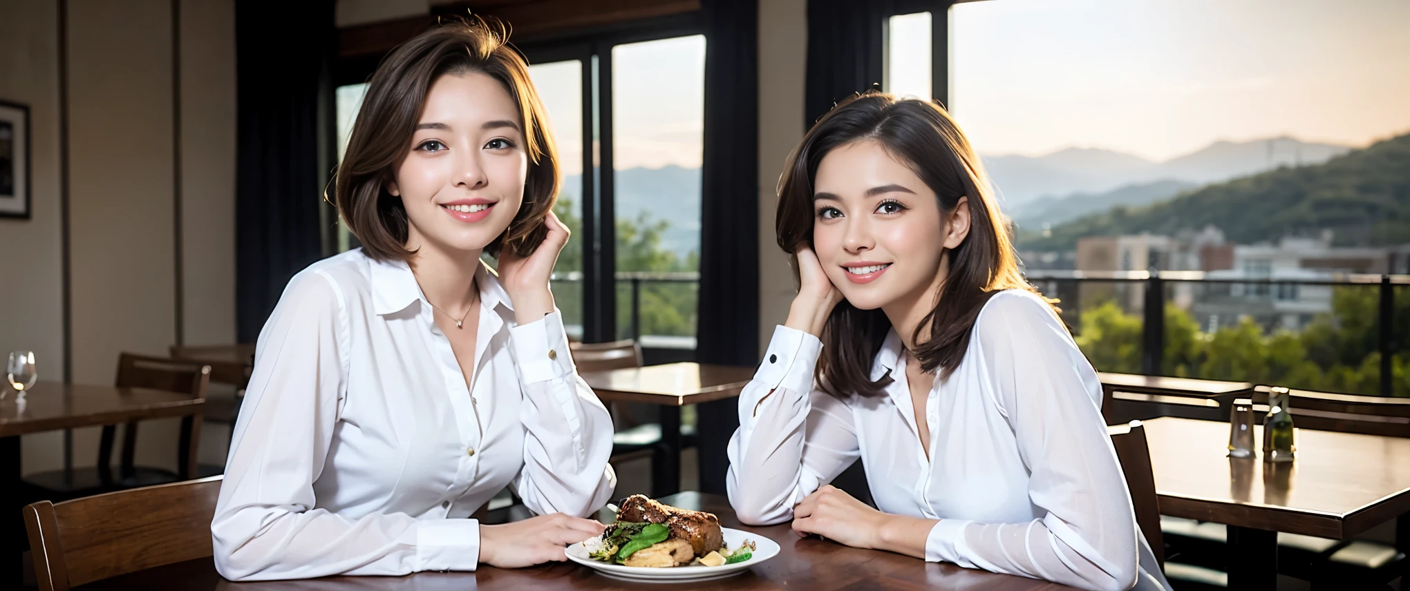 ((highest quality、8k、masterpiece:1.3))、1 male、1 female、Couple、spouse、Couple、Slim body、((Bob Hale、Straight hair:1.2)), (Realistic, Intricate details:1.2), Wine glass on the table、Shine light on your face、 Amazing view of the sunset sky and clouds、Amazing mountain views、A bright smile、The wonderfulness of smile、Bright image、The beauty of wine, Beautiful Face, blue eyes, The light shines on your face, Blushing, short hair,Bright Face、 (Age 37), 39 years old, red wine 、Appetizers、Italian food、Wine bottle、Champagne、sparkling wine、Two beauties、Brown Hair、Shortcuts、Long sleeve shirt、dress、Pretty Woman 1, (Slim face), (The body is slim), (Brown Hair), (Shortcuts), cheeks turn a little red,Attractive beauty、restaurant, In a prominent place (From the waist up) Nova Frog Style, actress, model, Upper Body, White wine, slim, wine glass, Wine glass placed in the center, smile, (smile: 1.15), Beautiful fine grain, Depth f/2,saturation, High Contrast, Strong light and shadow,Moist Body:1.5、3D texture、Delicate eyes、Brown Hair、The hair is very shiny、